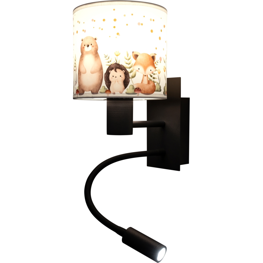 Brilagi - Lampada da parete flessibile per bambini LED BOBO 1xE27/25W/230V + LED/3W nero/bianco/animaletti