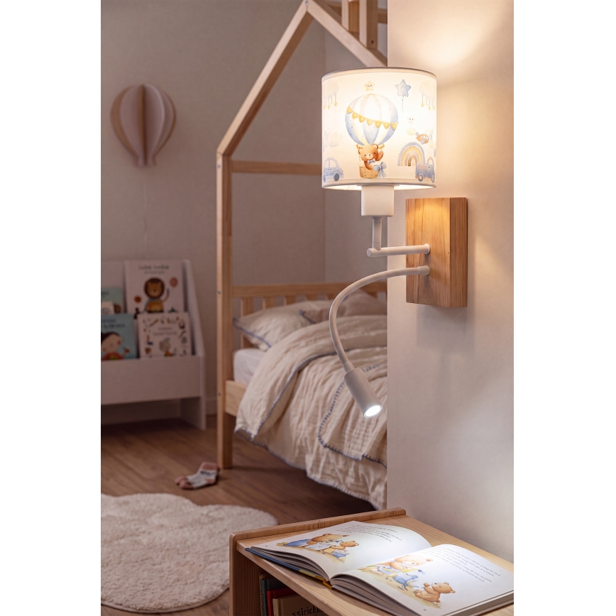Brilagi - Lampada da parete flessibile per bambini a LED BOBO WOOD 1xE27/25W/230V + LED/3W rovere/bianco/blu/orsetti