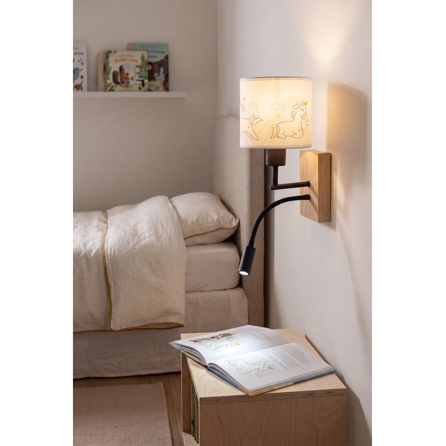 Brilagi - Lampada da parete flessibile LED per bambini BOBO WOOD 1xE27/25W/230V + LED/3W rovere/nera/bianca/unicorni