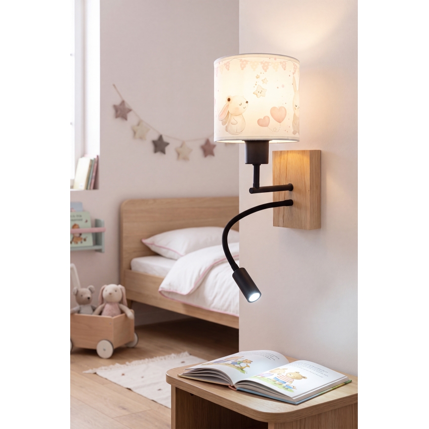 Brilagi - Lampada da parete flessibile LED per bambini BOBO WOOD 1xE27/25W/230V + LED/3W rovere/nera/crema/con coniglietti