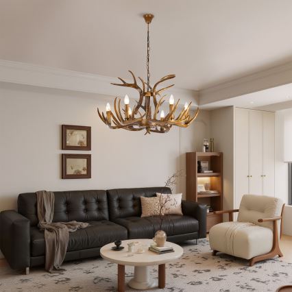 Brilagi - Lampadario a catena DEER, 6 portalampade E14 (10 W), 230 V, Ø 80 cm, in stile corna di cervo