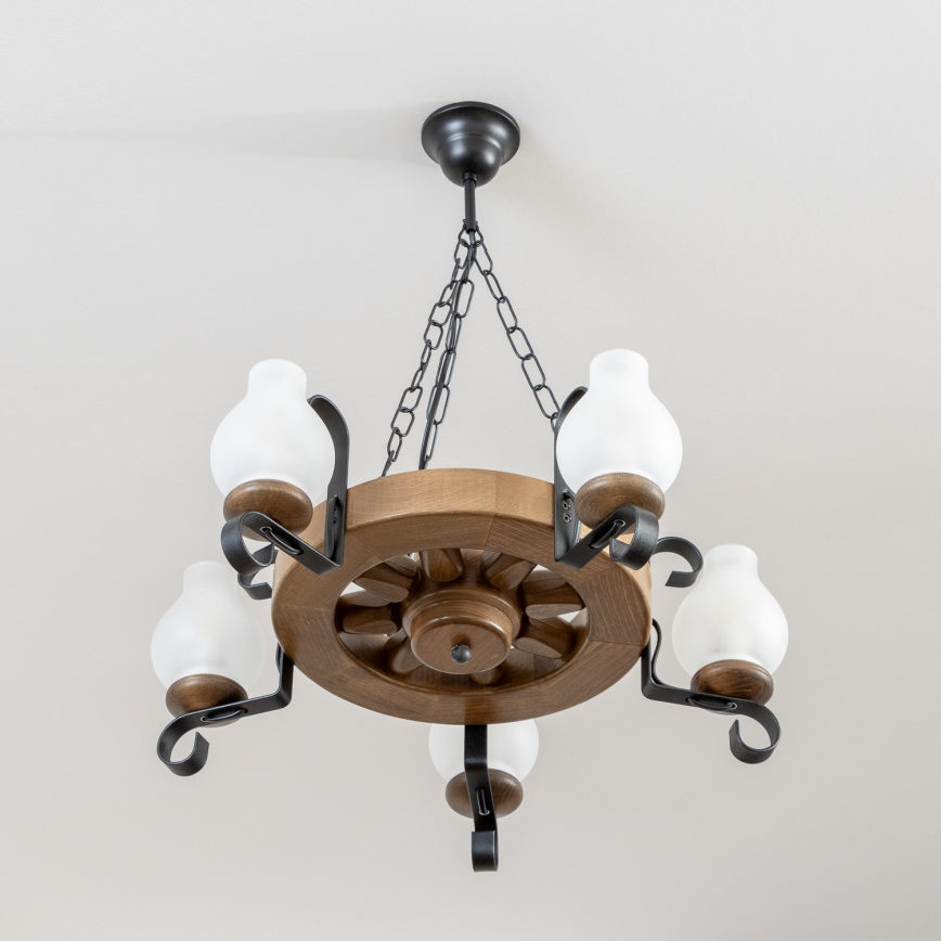 Brilagi - Lampadario a catena ROATA 5xE14/40W/230V Ø 50 cm faggio/noce