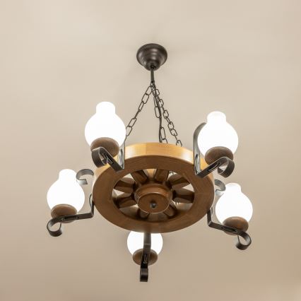 Brilagi - Lampadario a catena ROATA 5xE14/40W/230V Ø 50 cm faggio/noce