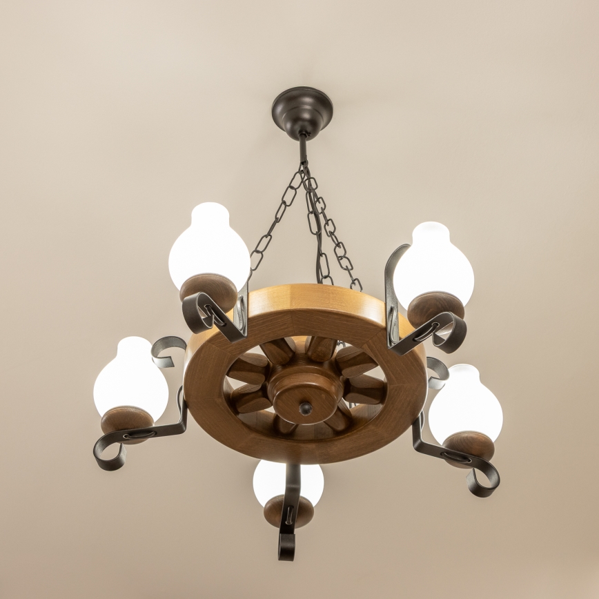 Brilagi - Lampadario a catena ROATA 5xE14/40W/230V Ø 50 cm faggio/noce
