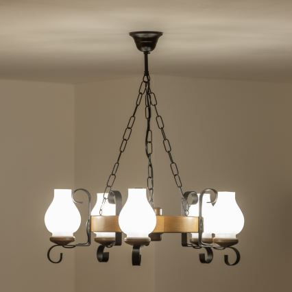 Brilagi - Lampadario a catena ROATA 5xE14/40W/230V Ø 50 cm faggio/noce
