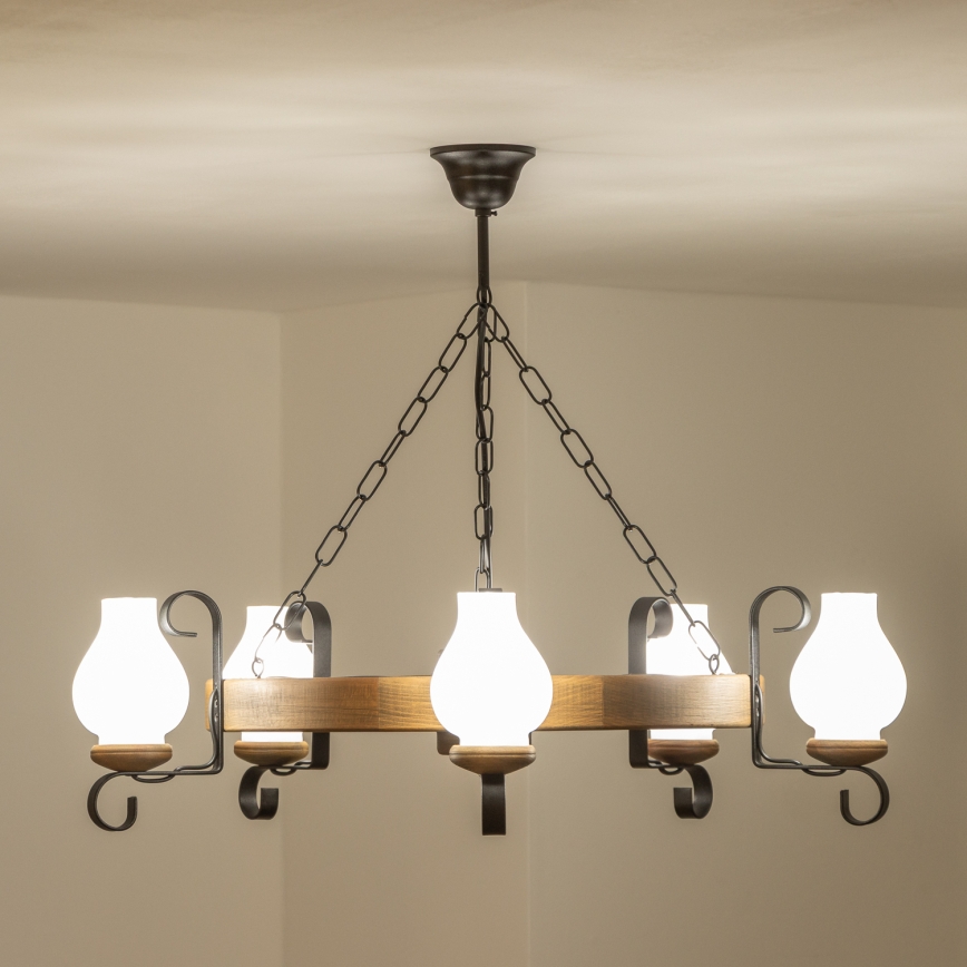 Brilagi - Lampadario a catena ROATA 5xE14/40W/230V Ø 70 cm faggio