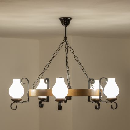 Brilagi - Lampadario a catena ROATA 5xE14/40W/230V Ø 70 cm faggio/noce