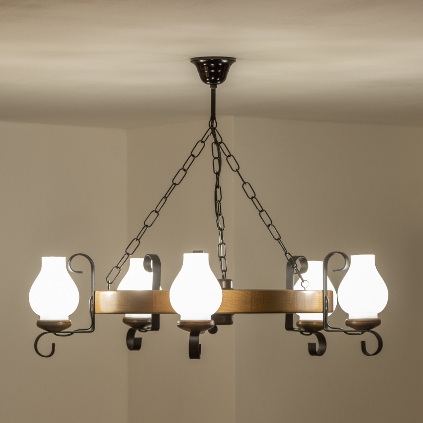Brilagi - Lampadario a catena ROATA 5xE14/40W/230V Ø 70 cm faggio/noce