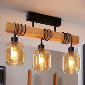 Brilagi - Lampadario a montaggio superficiale WOOD GLASS 3xE27/60W/230V pino/nero/marrone fumé