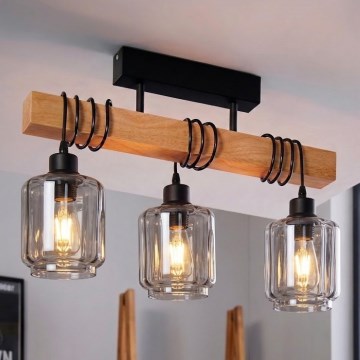 Brilagi - Lampadario a plafone WOOD GLASS 3xE27/60W/230V pino/nero/beige fumé