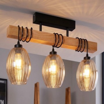 Brilagi - Lampadario a plafone WOOD GLASS 3xE27/60W/230V pino/nero/beige fumé
