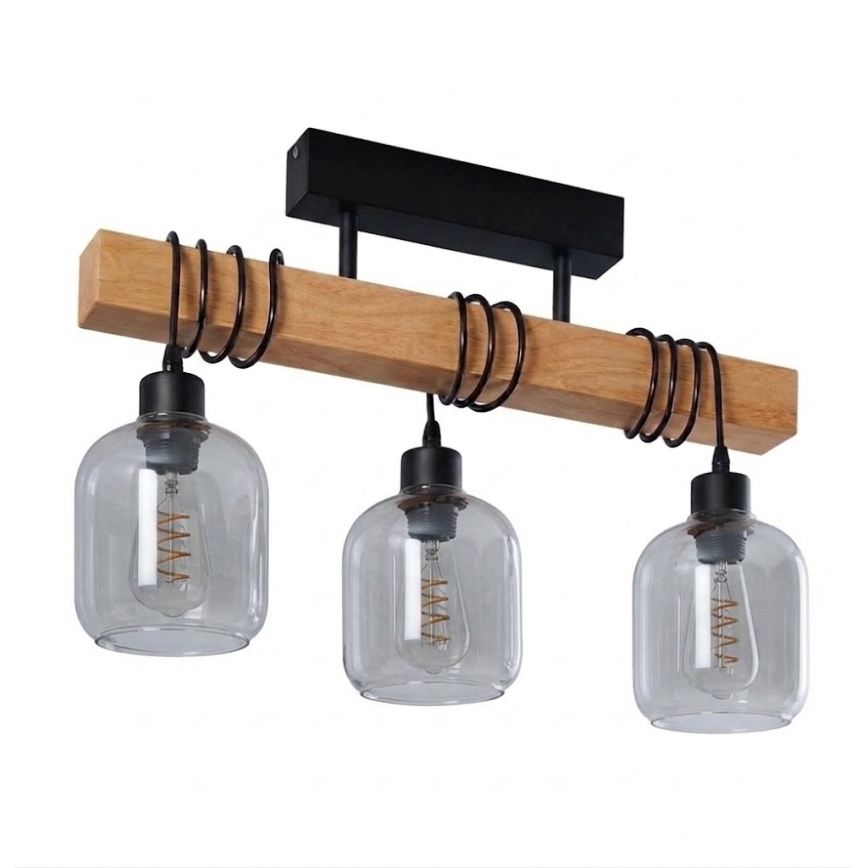 Brilagi - Lampadario a plafone WOOD GLASS 3xE27/60W/230V pino/nero/grigio fumé