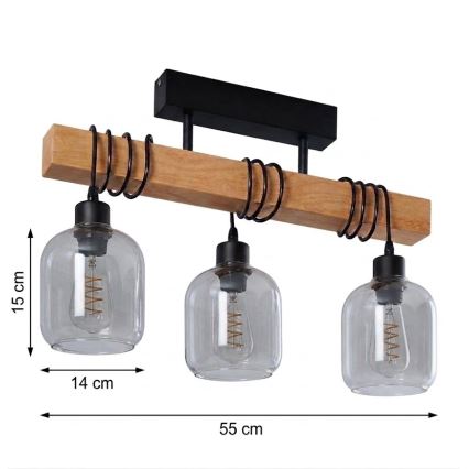 Brilagi - Lampadario a plafone WOOD GLASS 3xE27/60W/230V pino/nero/grigio fumé