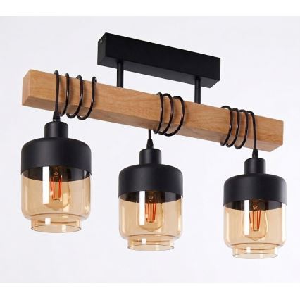 Brilagi - Plafoniera WOOD GLASS 3xE27/60W/230V pino/nero/marrone fumé