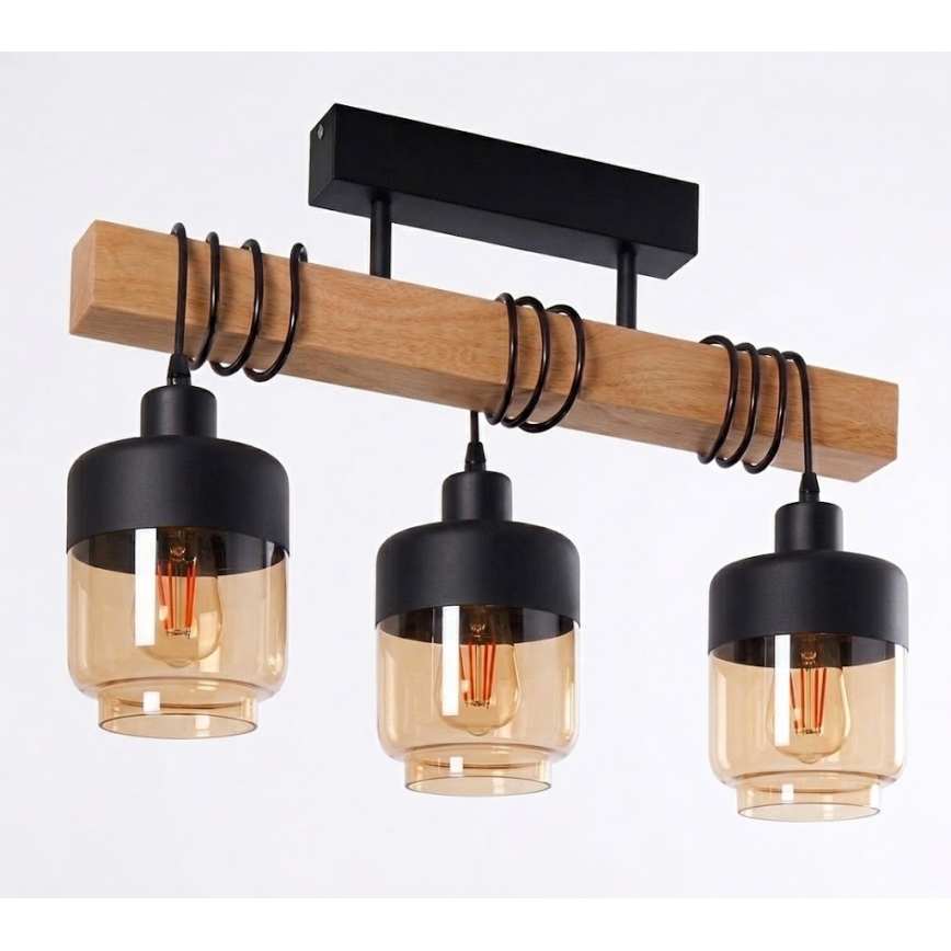 Brilagi - Plafoniera WOOD GLASS 3xE27/60W/230V pino/nero/marrone fumé