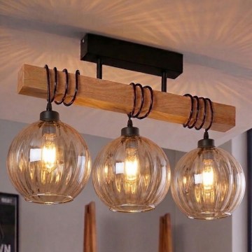 Brilagi - Lampadario a plafone WOOD GLASS 3xE27/60W/230V pino/nero/marrone fumé