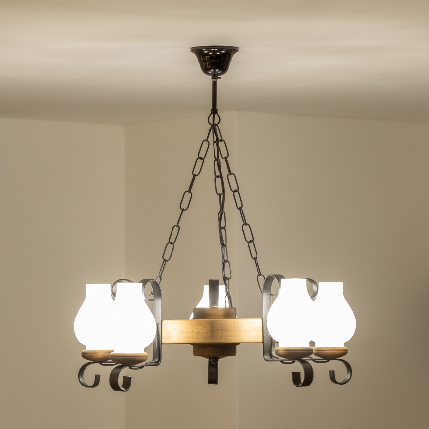 Brilagi - Lampadario a sospensione con catena ROATA 5xE14/40W/230V Ø 50 cm in faggio
