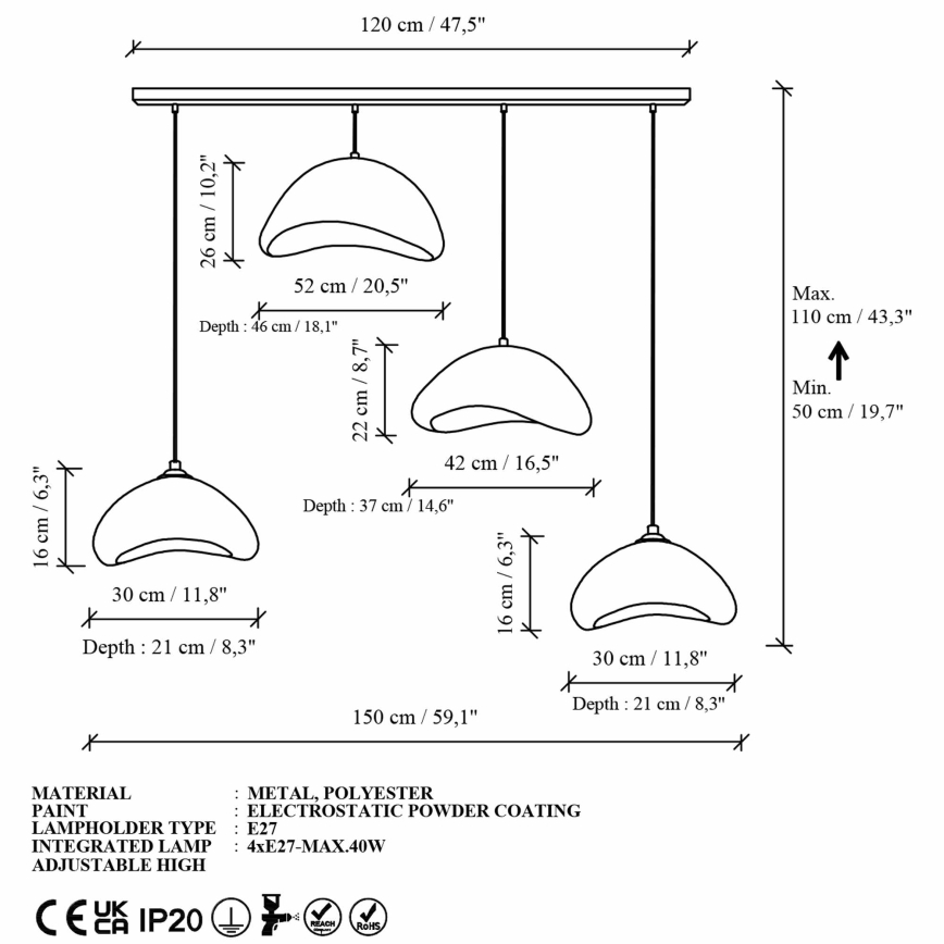 Brilagi - Lampadario a sospensione con cavo LUNA 4xE27/40W/230V bianco