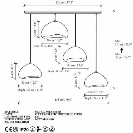 Brilagi - Lampadario a sospensione con cavo WABI SABI 4xE27/40W/230V bianco