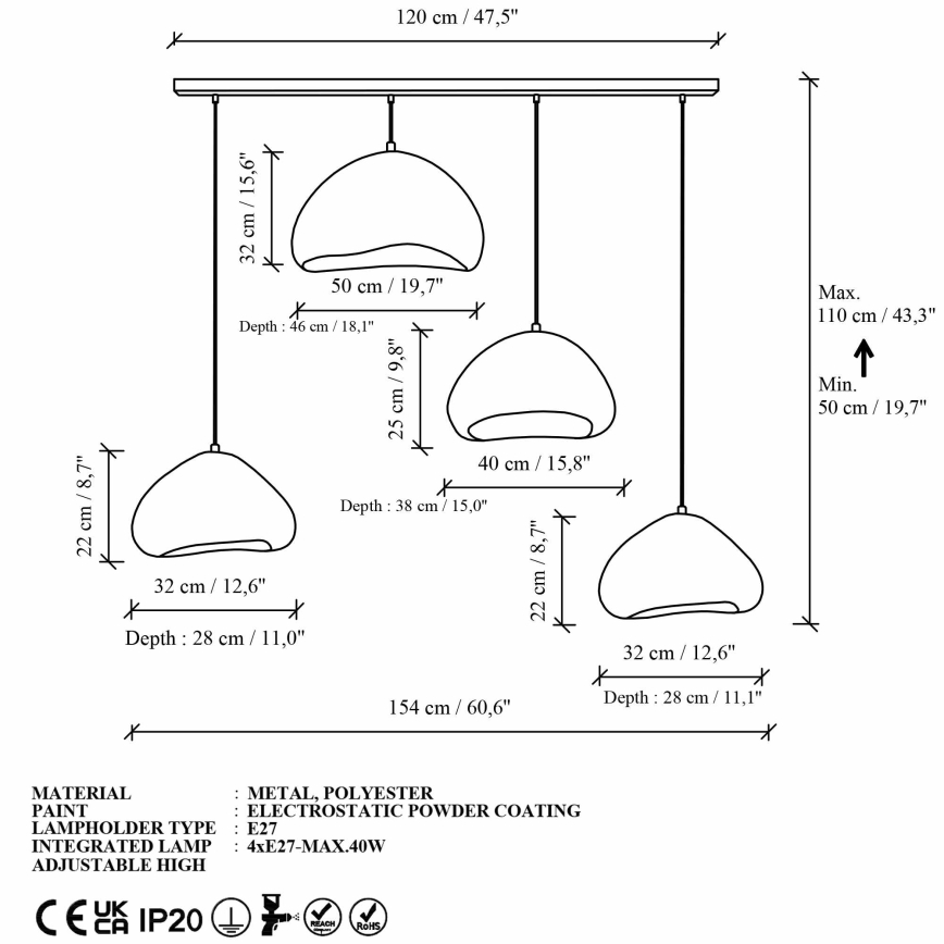 Brilagi - Lampadario a sospensione con cavo WABI SABI 4xE27/40W/230V bianco