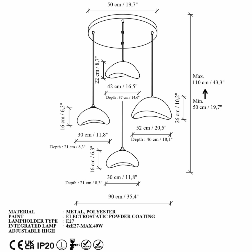 Brilagi - Lampadario a sospensione con cavo WABI SABI 4xE27/40W/230V Ø 90 cm bianco