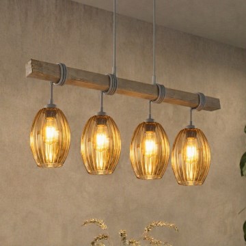 BRILAGI - Lampadario a sospensione con cavo WOOD GLASS 4xE27/60W/230V pino/grigio/marrone fumé