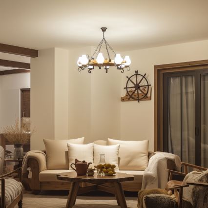 Brilagi - Lampadario a sospensione TIMONA a catena, 8xE14/40W/230V, diam. 70 cm, finitura faggio