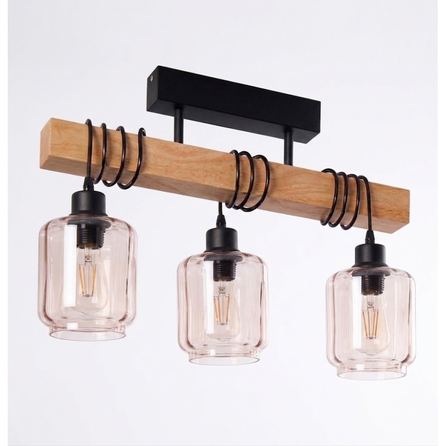 Brilagi - Lampadario a plafone WOOD GLASS 3xE27/60W/230V pino/nero/beige fumé