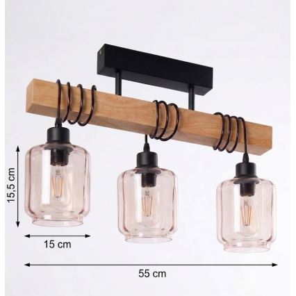 Brilagi - Lampadario a plafone WOOD GLASS 3xE27/60W/230V pino/nero/beige fumé