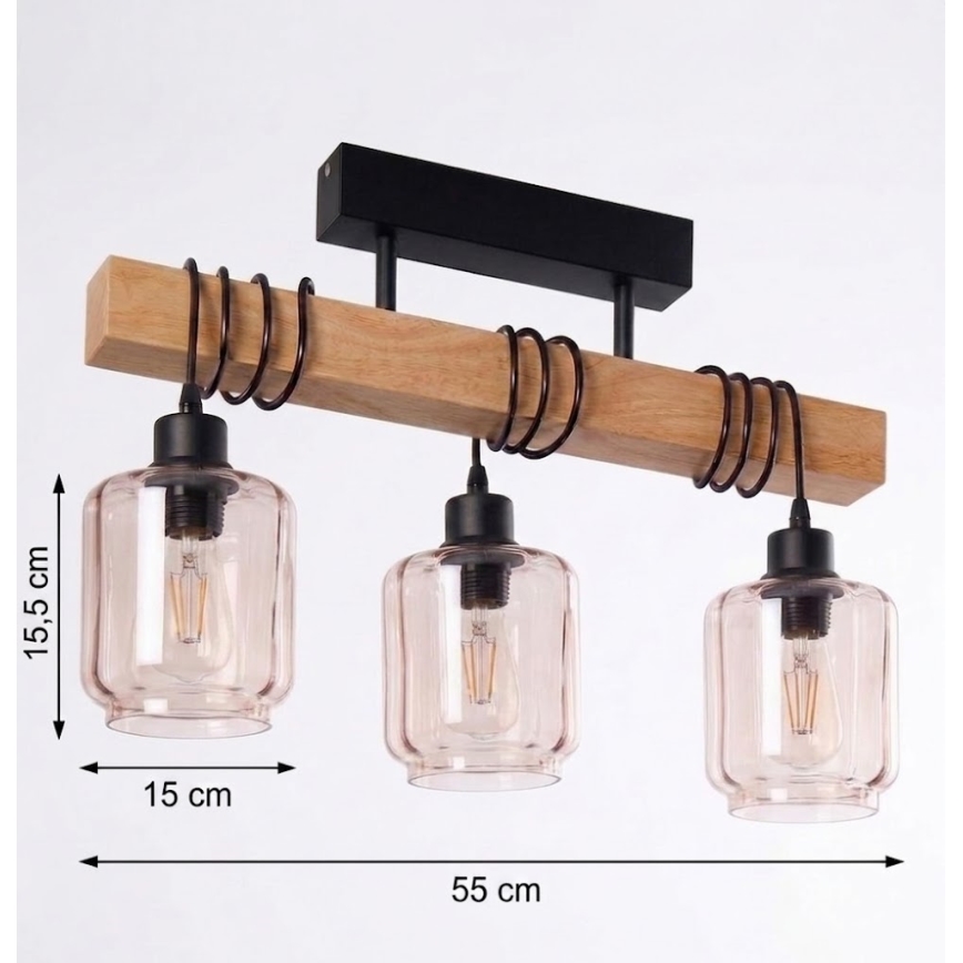 Brilagi - Lampadario a plafone WOOD GLASS 3xE27/60W/230V pino/nero/beige fumé