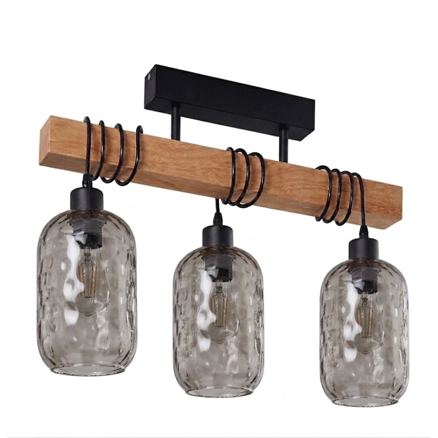Brilagi - Plafoniera da soffitto WOOD GLASS 3xE27/60W/230V pino/nero/grigio fumé