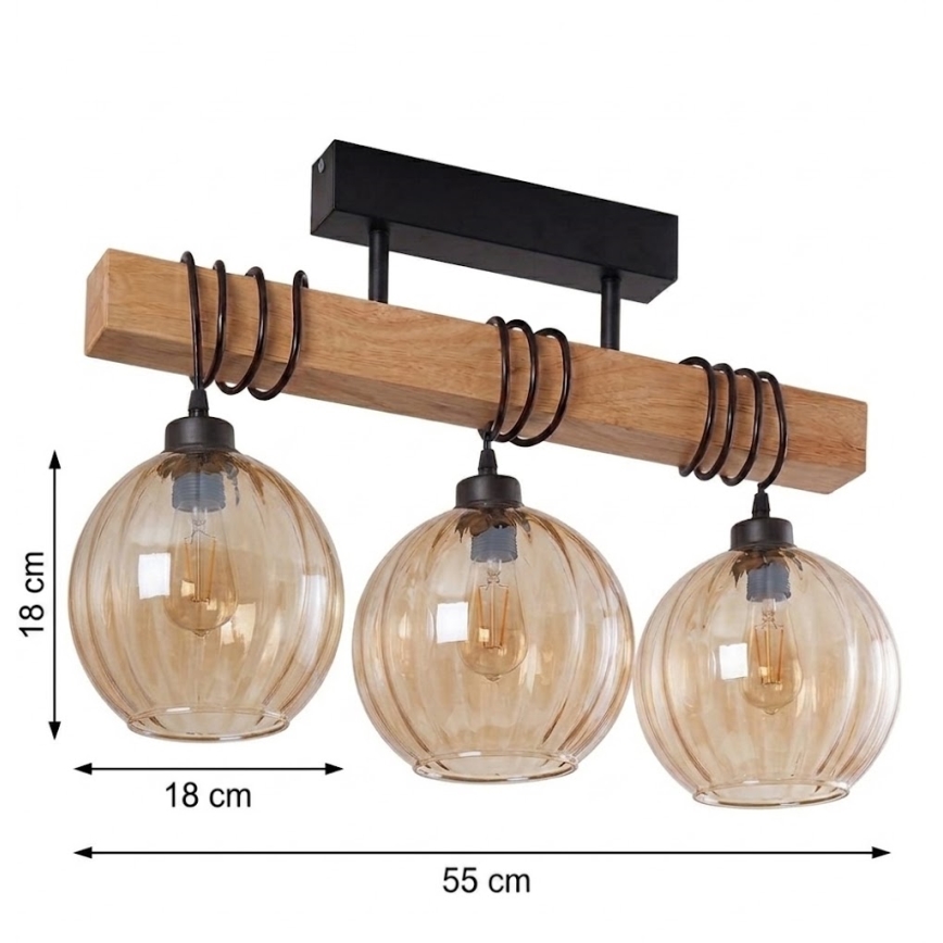 Brilagi - Lampadario a plafone WOOD GLASS 3xE27/60W/230V pino/nero/marrone fumé