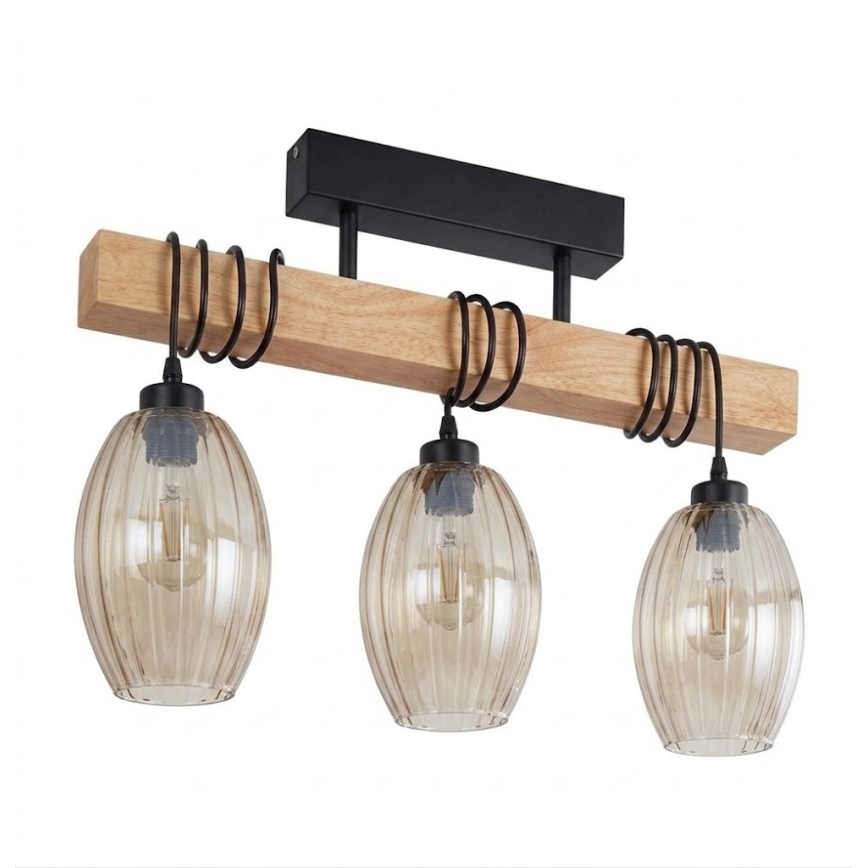 Brilagi - Lampadario a plafone WOOD GLASS 3xE27/60W/230V pino/nero/beige fumé