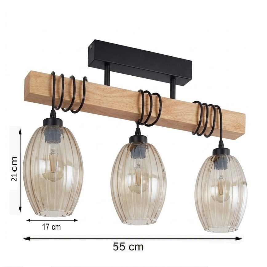 Brilagi - Lampadario a plafone WOOD GLASS 3xE27/60W/230V pino/nero/beige fumé