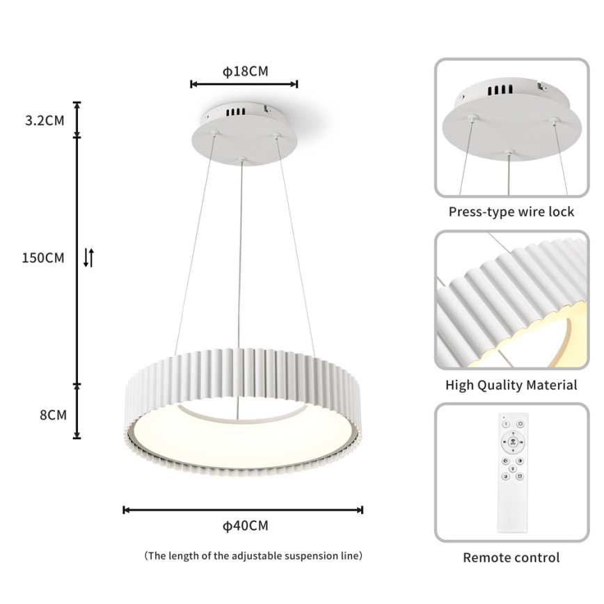 Brilagi - Lampadario LED dimmerabile a sospensione con cavo FALCON MODERN LED/30W/230V 3000-6000K Ø 40 cm bianco + telecomando