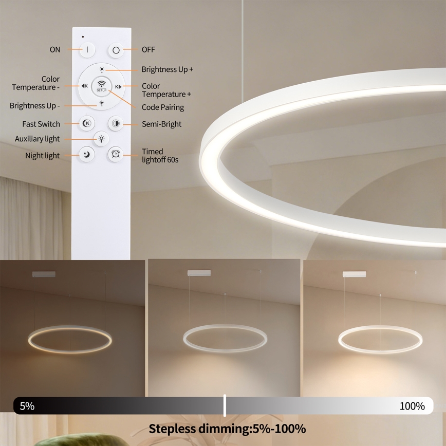 Brilagi - Lampadario LED dimmerabile su cavo PORTOFINO LED/60W/230V 3000–6000K Ø 80 cm bianco + telecomando