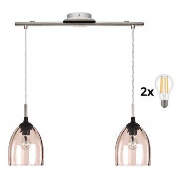 BRILAGI - Lampadario LED a cavo RETRO GLASS 2xE27/60W/230V cromo opaco/beige fumé