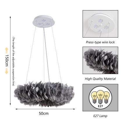 Brilagi - Lampadario LED a sospensione con cavo FEATHER 3xE27/40W/230V + 3xLED/3W Ø 50 cm grigio