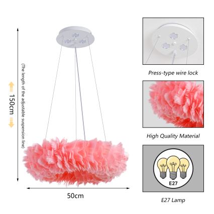 Brilagi - Lampadario LED a sospensione su cavo FEATHER 3xE27/40W/230V + 3xLED/3W Ø 50 cm rosa