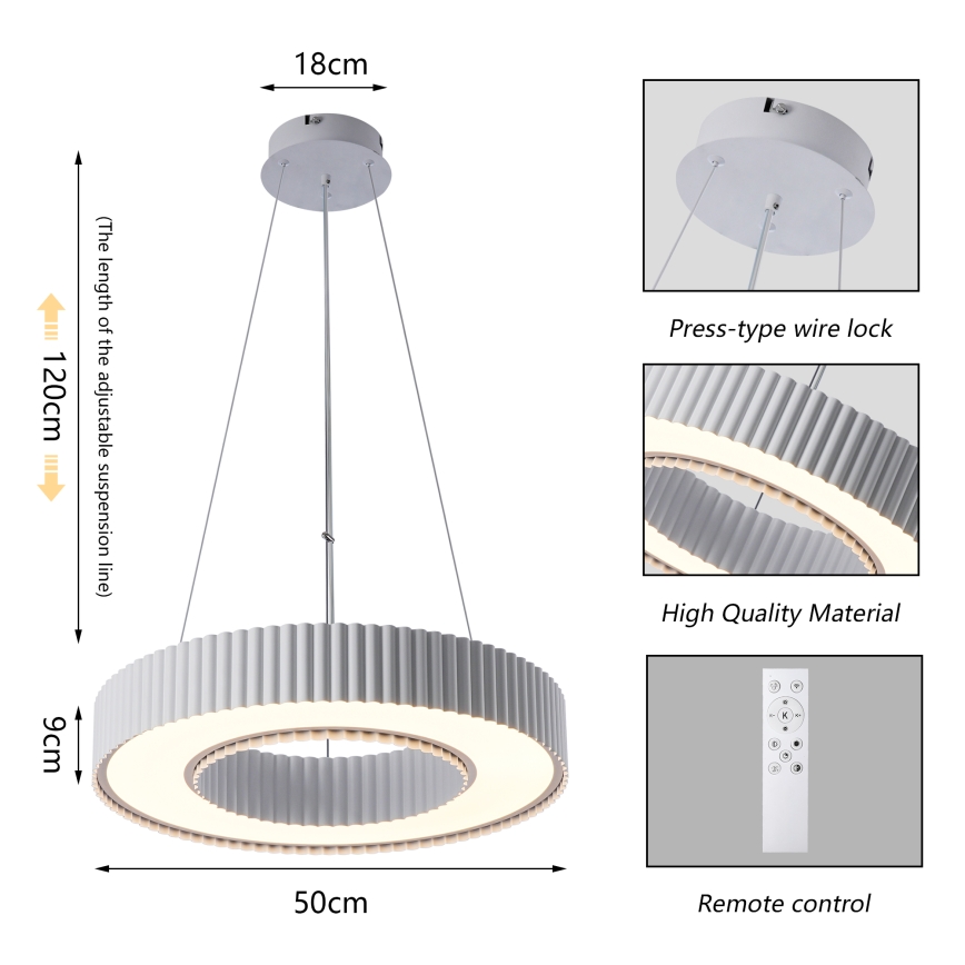 Brilagi - Lampadario dimmerabile a sospensione con cavo LUMIX LED/48W/230V 3000-6000K bianco Ø 50 cm + telecomando