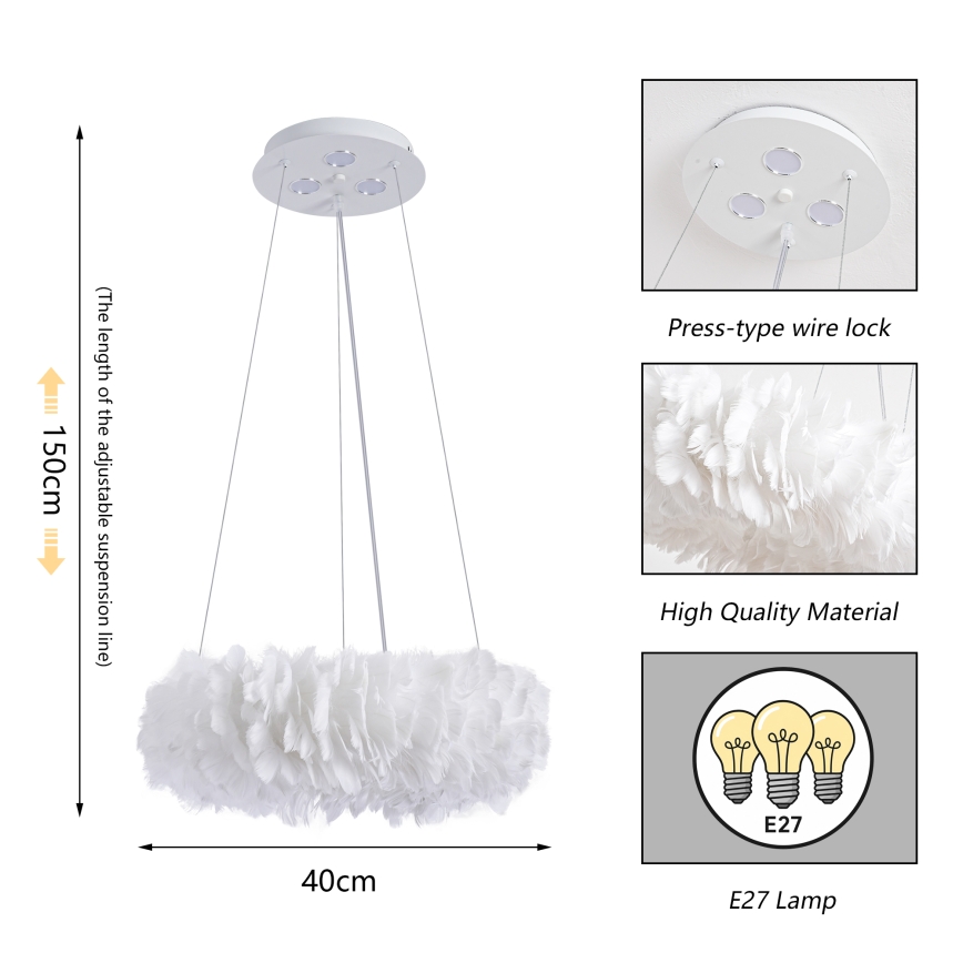 Brilagi - Lampadario LED sospeso FEATHER su cavo 3x E27 (max 40W, 230V) + 3x LED 3W Ø 40 cm bianco