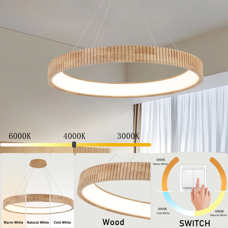 Brilagi - Lampadario LED a sospensione su cavo FALCON WOOD MODERN LED/60W/230V 3000/4000/6000K Ø 80 cm in legno