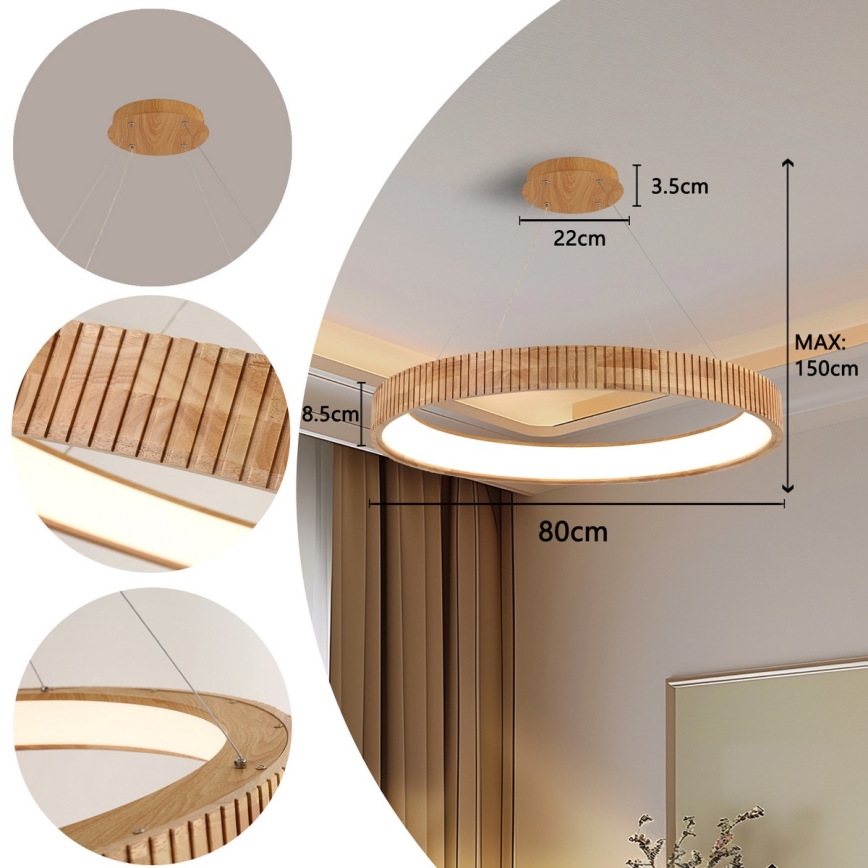 Brilagi - Lampadario LED a sospensione su cavo FALCON WOOD MODERN LED/60W/230V 3000/4000/6000K Ø 80 cm in legno