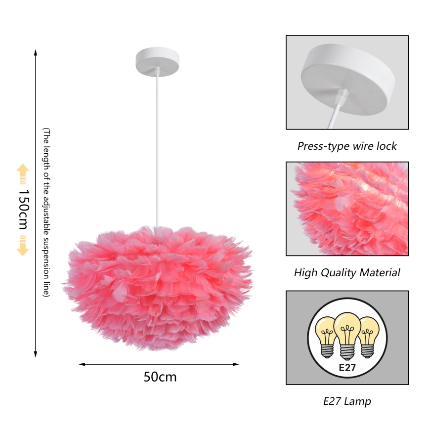 Brilagi - Lampadario sospeso a cavo FEATHER 3xE27/40W/230V Ø 50 cm rosa