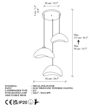 Brilagi - Lampadario sospeso a cavo LUNA 3xE27/40W/230V Ø 82 cm bianco