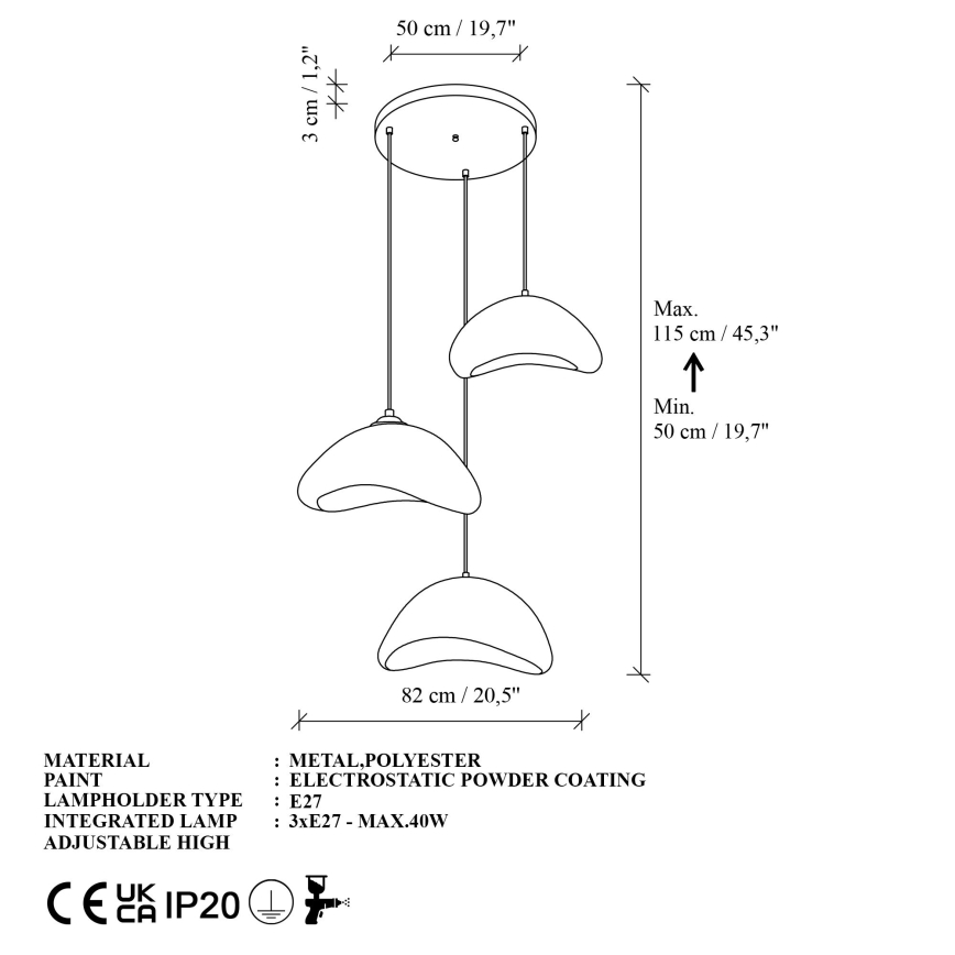 Brilagi - Lampadario sospeso a cavo LUNA 3xE27/40W/230V Ø 82 cm bianco