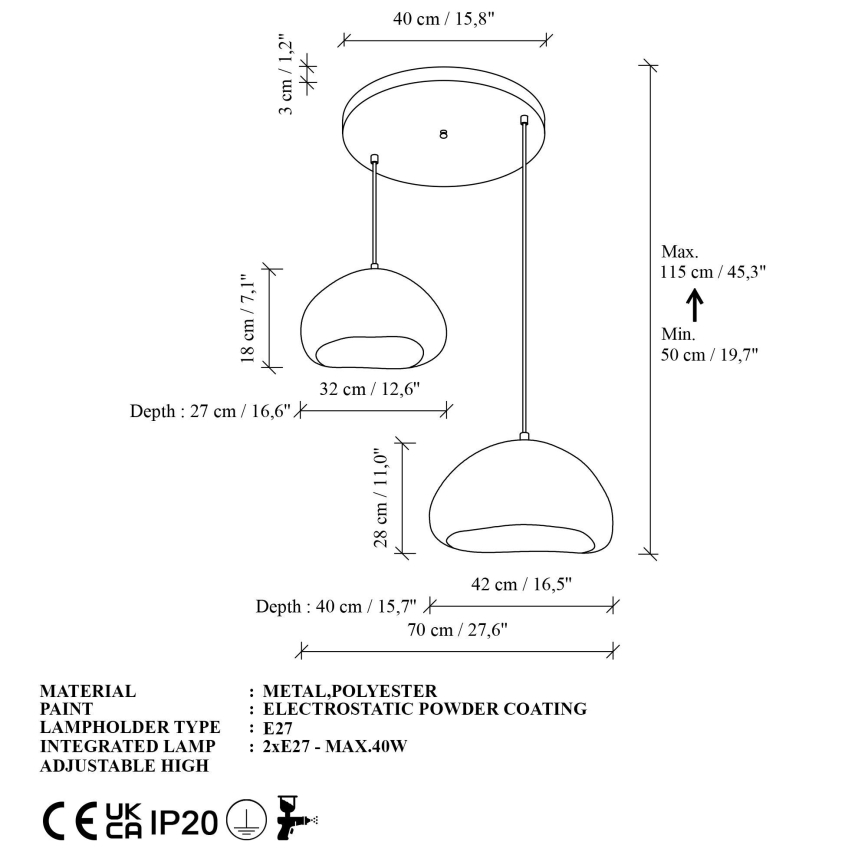 Brilagi - Lampadario sospeso con cavo WABI SABI 2xE27/40W/230V Ø 70 cm bianco