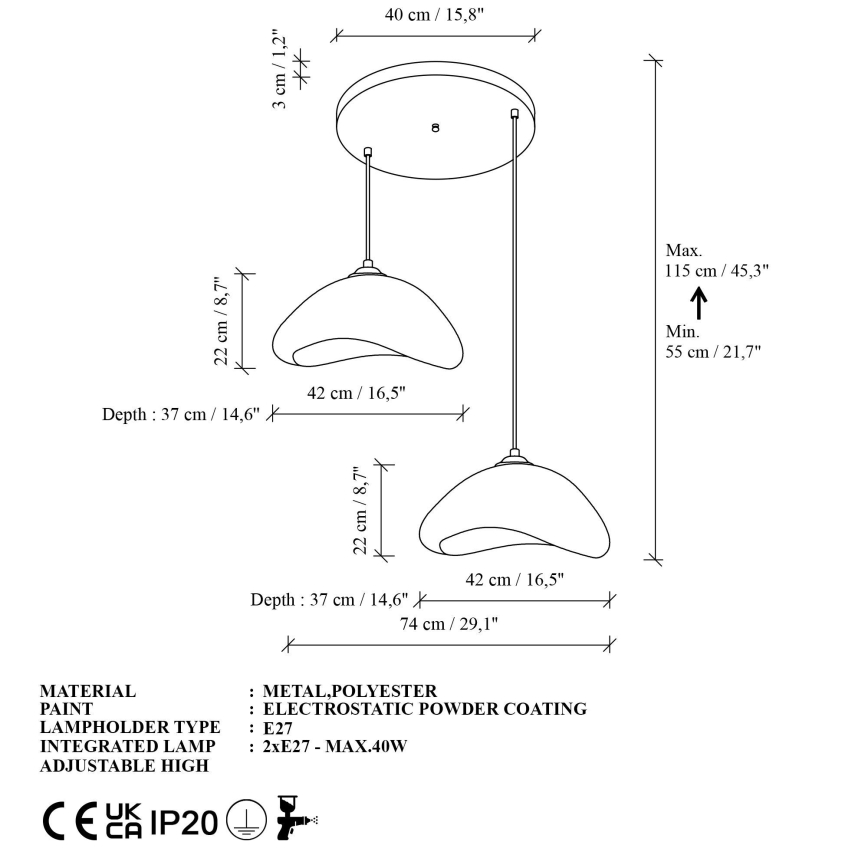 Brilagi - Lampadario sospeso con cavo WABI SABI 2xE27/40W/230V Ø 74 cm bianco