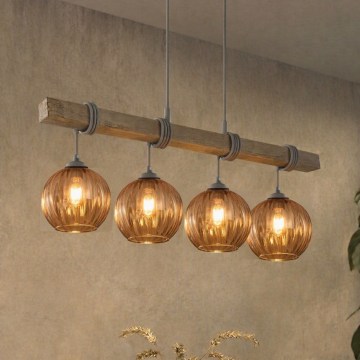 BRILAGI - Lampadario sospeso con cavo WOOD GLASS 4xE27/60W/230V pino/grigio/marrone fumé