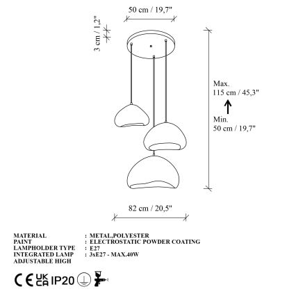 Brilagi - Lampadario sospeso su cavo LORA 3xE27/40W/230V Ø 82 cm bianco